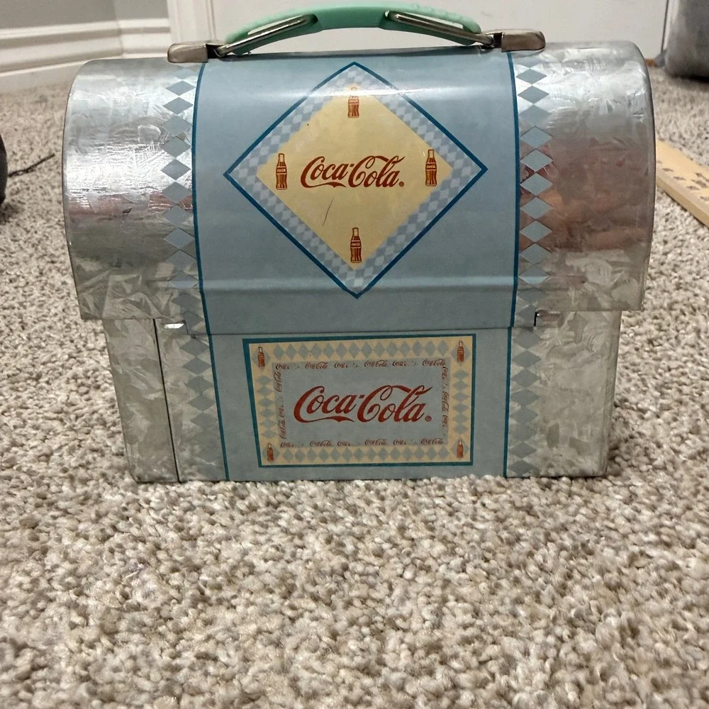 Coca-Cola Workbox Tin Dome Lunch Box Style Storage Blue Galvanized Metal 6x5x3in